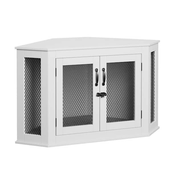 FUFU&GAGA Corner Dog Crate, Wooden Dog Kennel with Cushion, Indoor Dog Crate Cage for Small Medium Dogs for Limited Room, White