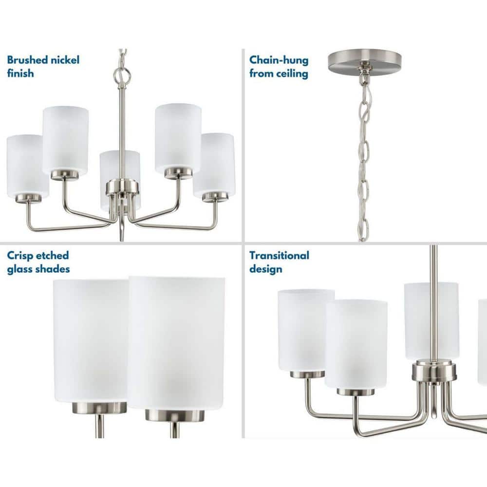 Merry 5-Light Brushed Nickel Chandelier with Etched Glass Shades
