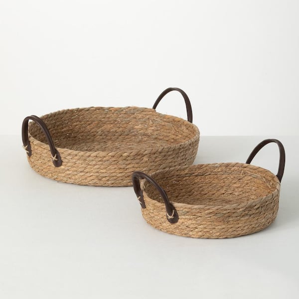 SULLIVANS 6" and 5.5" Brown Handled Woven Wicker Tray (Set of 2)