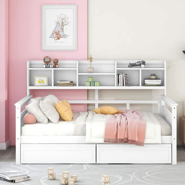 White Full Size Daybed with Bedside Shelf and 2 Drawers