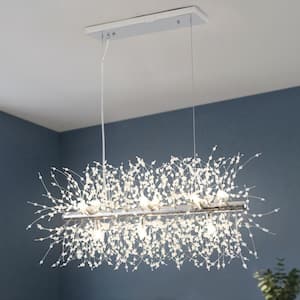 9-Light Chrome French Long Bar Dandelion-Shaped Crystal Bead Chandelier for Kitchen Island with No Bulbs Included