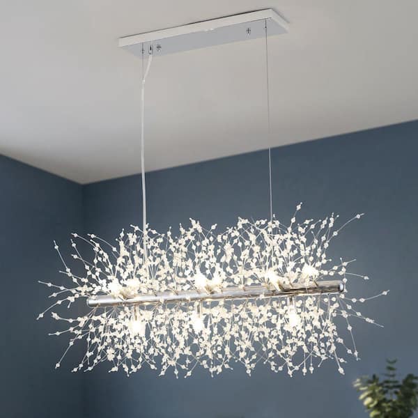 LWYTJO 9-Light Chrome French Long Bar Dandelion-Shaped Crystal Bead Chandelier for Kitchen Island with No Bulbs Included