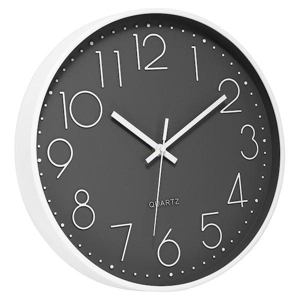 Afoxsos 12 in. Gray  and  Black Analog Plastic Battery Operated Silent Non-ticking Wall Clock