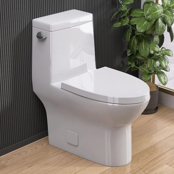 One-Piece 1.28 GPF Single Flush ADA Compliant Comfort Height Elongated Toilet in White Soft Close Seat Included