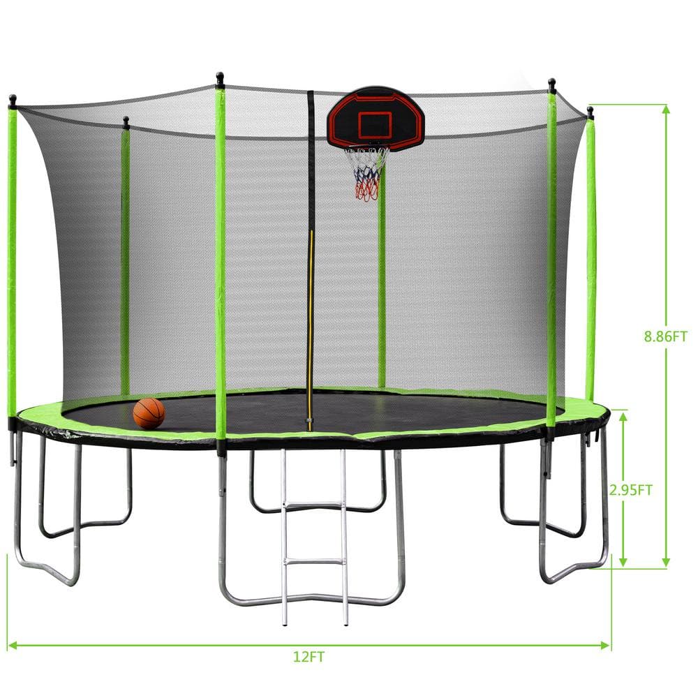 12FT Green Round Trampoline with Safety Enclosure and Basketball Hoop