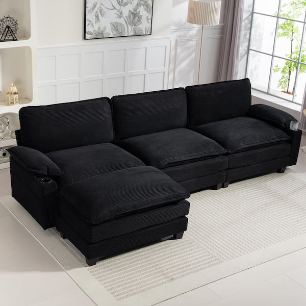 Rich 113.8 in. Corduroy Flared Arm L-Shaped Modular Sectional Sofa in. Black with Ottoman, Cloud Couch