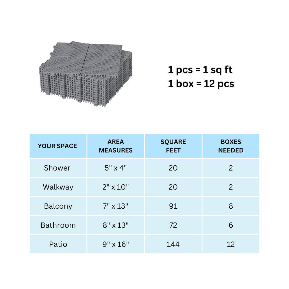 Gray 12" x 12" Plastic Interlocking Deck Tiles with Water Protection