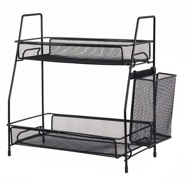 2 Tier Black Countertop Bathroom Organizer Shelf with Basket for Vanity Storage and Kitchen Spice Rack