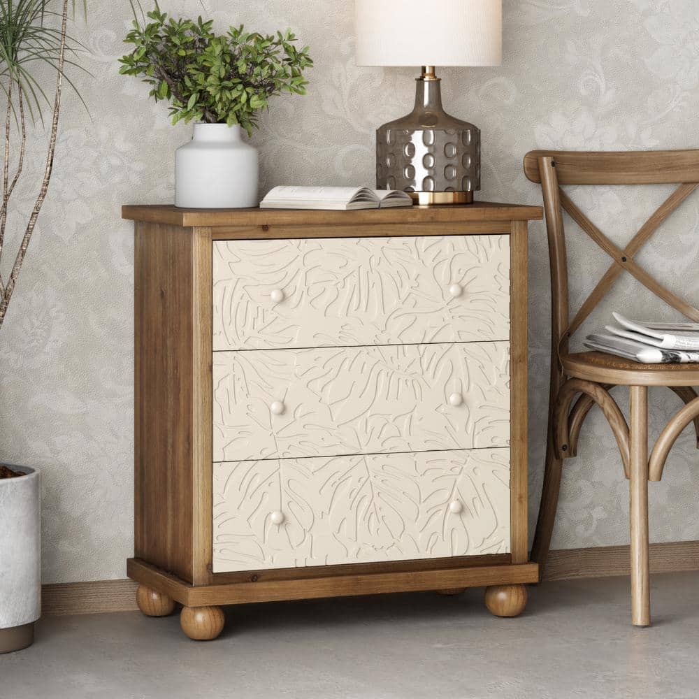 Rustic Farmhouse White and Brown Fir Wood 3-Drawer Dresser