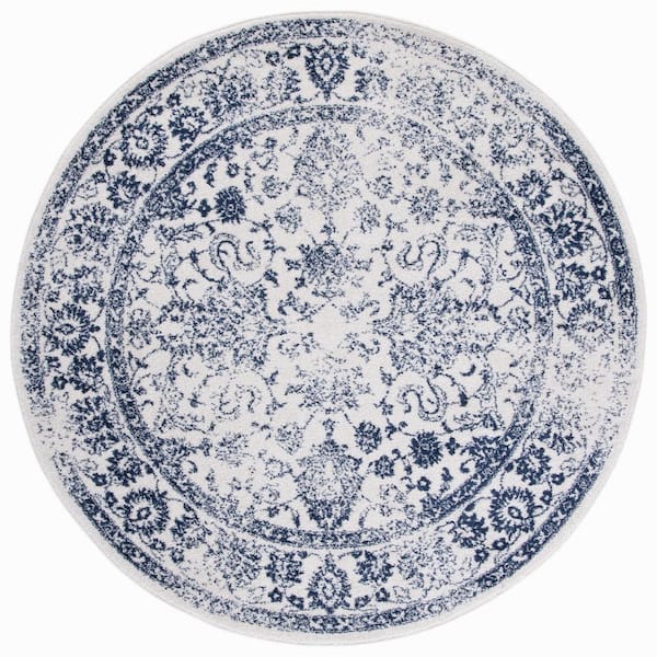 SAFAVIEH Adirondack Ivory/Navy 10 ft. x 10 ft. Border Distressed Round Area Rug