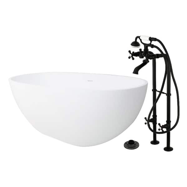 Arcticstone 64.9 in. x 31.9 in. Surface White Stone Flatbottom Soaking Freestanding Bathtub in White/Matte Black