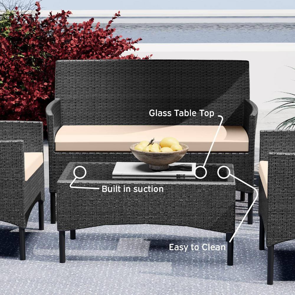 Nestl 4-Piece Black Wicker Patio Furniture Set with Beige Cushions