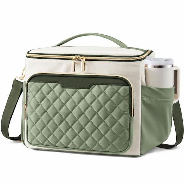 Green Beige Insulated Lunch Bag with Wide Opening, Leakproof Seams, Large Cup Holder and Shoulder Strap