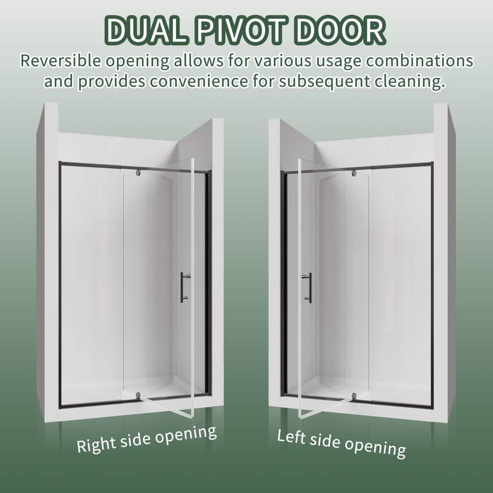 42-inch Black Semi-Frameless Pivot Shower Door with Clear Glass