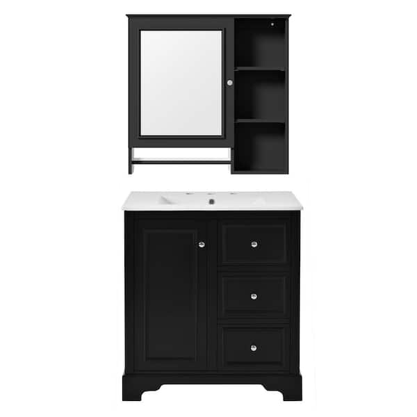 Unbranded 30 in. W Single Sink Freestanding Bath Vanity in Black with White Ceramic Top and Mirror