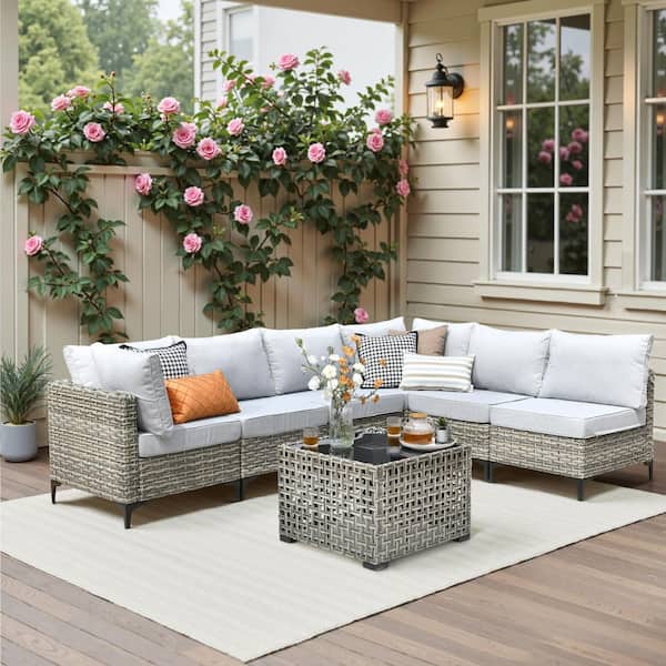 HOOOWOOO Holston 7-Piece Wicker Modern Outdoor Patio Conversation Sofa Sectional Set with a LED Table and Light Grey Cushions