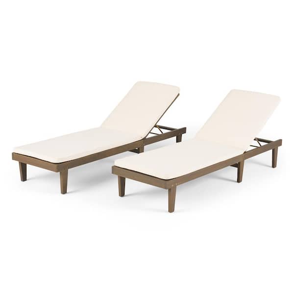 Nadine Grey 2-Piece Wood Outdoor Patio Chaise Lounge with Cream Cushions