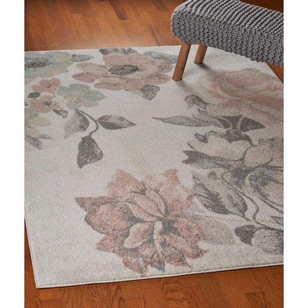 Mya Cottage Rose Floral Garden Pink/Gray 5 ft. 2 in. x 7 ft. 2 in. Indoor Area Rug