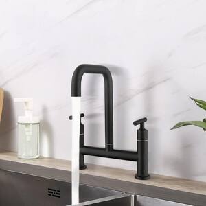 Double Handle Bridge Kitchen Faucet Stainless with 360° rotation in Matte Black
