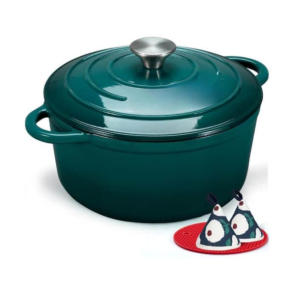 2-Piece 5.5-Quart Enameled Cast Iron Dutch Oven Bottle Green Heavy-Duty Pot with Lid Cookbook Oven Induction Safe Set