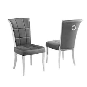 Alondra Dark Grey Velvet Fabric Side Chairs Set of 2 With Chrome Legs And Back Ring Handle