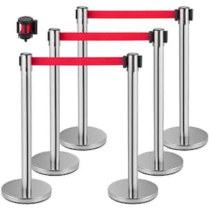6.6 ft. Crowd Control Stanchion Set Red Retractable Belt Line Dividers with Sturdy Rubber Base in Silver (6-Pieces)