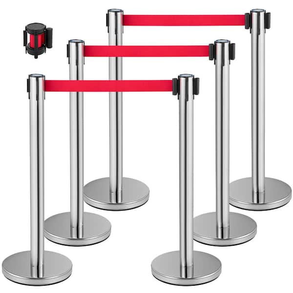 VEVOR 6.6 ft. Crowd Control Stanchion Set Red Retractable Belt Line Dividers with Sturdy Rubber Base in Silver (6-Pieces)