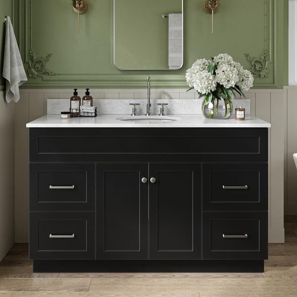 Hamlet 55 in. W x 22 in. D x 35.25 in. H Bath Vanity in Black with Carrara White Marble Vanity Top