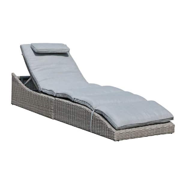 Freestyle 1-Piece Wicker Folding Outdoor Adjustable Chaise Lounge Chair with Gray Cushion