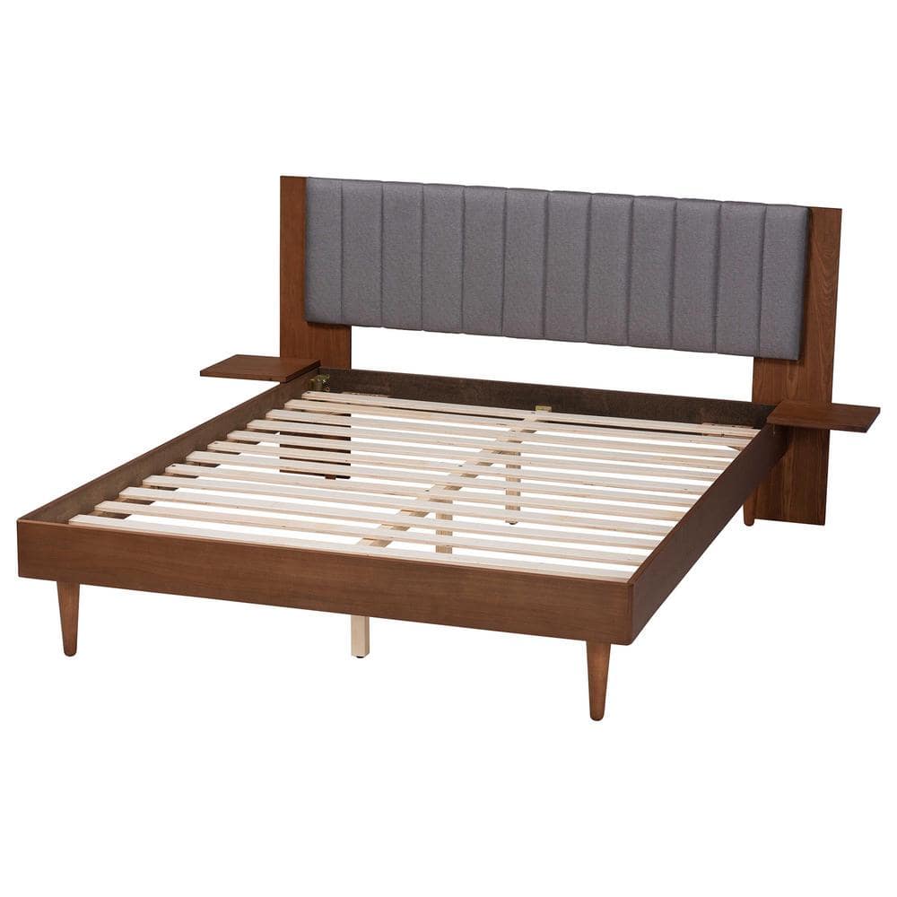 Gray Fabric and Walnut Wood Queen Platform Bed with Tufted Headboard