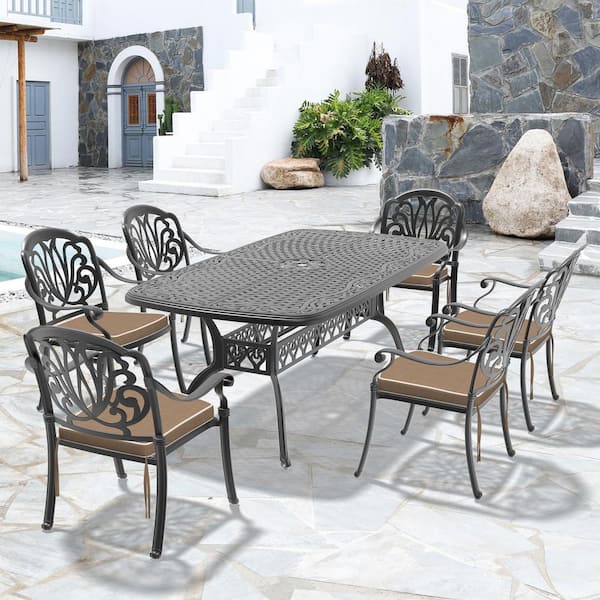 Willit Elizabeth Black 7-Piece Cast Aluminum Outdoor Dining Set with Rectangle Table and Dining Chairs and Random Color Cushion