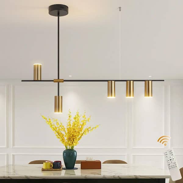 30-Watt 5-Light Gold Dimmable Integrated LED Pendant-Light with Metal Shade and Remote Included for Dining Room Kitchen
