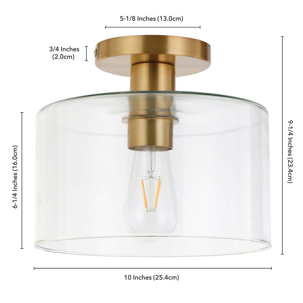 Henri 10" Brass Transitional Semi-Flush Mount with Clear Glass Drum Shade