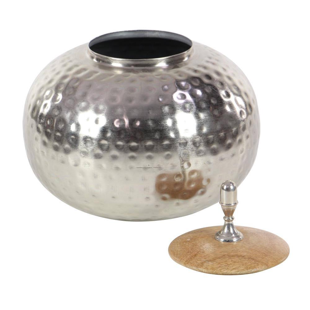 Silver Hammered Metal Decorative Jar with Wood Lid