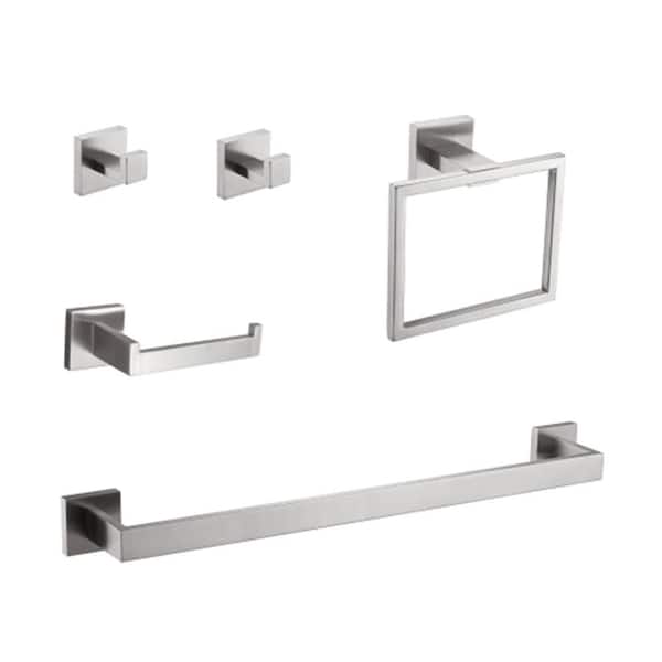 Adrinfly 5-Piece Bathroom Hardware Set with Towel Bar, Ring, Hook, Holder and Paper Rack for Home Decor in Brushed Nickel
