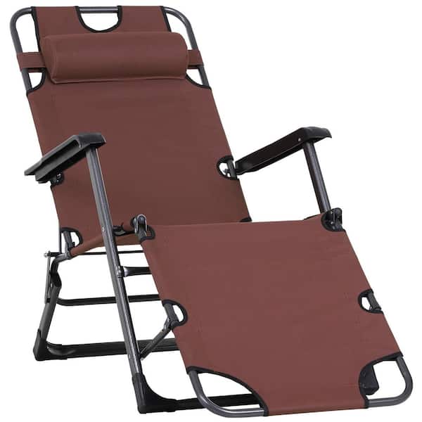 Outdoor Adjustable Steel 2-in-1 Folding Lawn Chair with Pillow and Pocket for Beach, Patio, Lawn and Deck, Brown