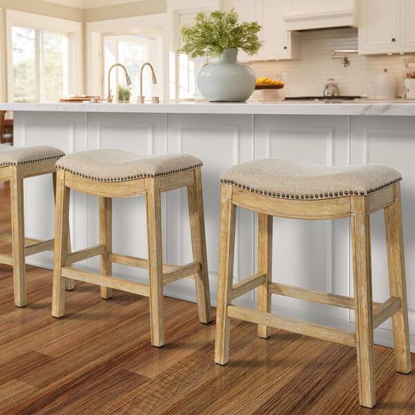 NewRidge Home Goods Saddle 26 in. Natural Backless Wood Counter Stool with Upholstered Cream Seat 1 Stool NH100152 FCS WN
