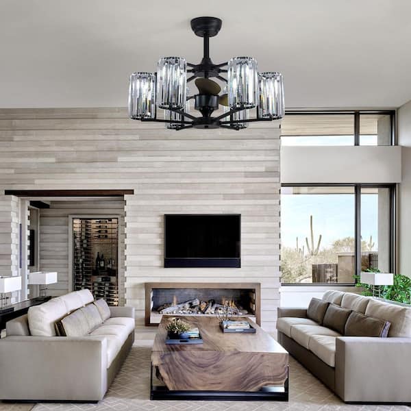 27 in. 6-Light Vintage Downrod Mount Black Crystal Column Fandelier Ceiling Fan with Remote/App Control (No Bulbs)