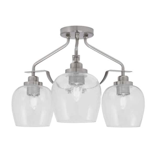 Unbranded Zara 16.5 in. 3-Light Brushed Nickel Semi-Flush with 6 in. Clear Bubble Glass Shades No Bulbs Included