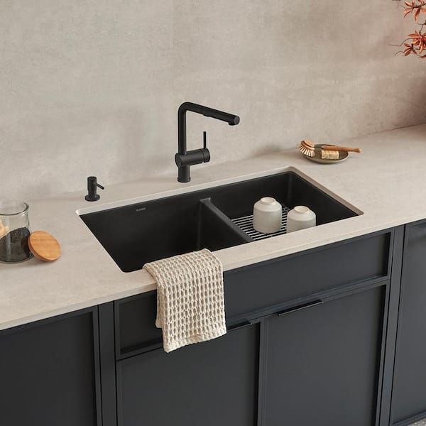 PRECIS Coal Black Granite Composite 33 in. 60/40 Double Bowl Undermount Kitchen Sink