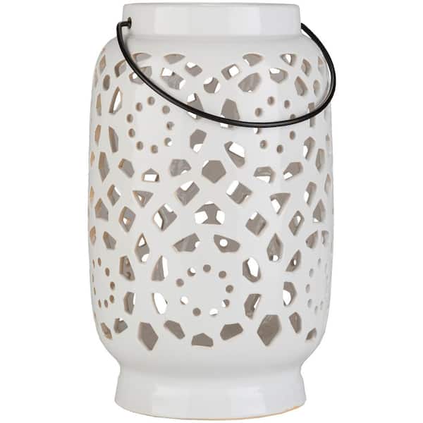 Livabliss Kimba 11 in. White Ceramic Lantern