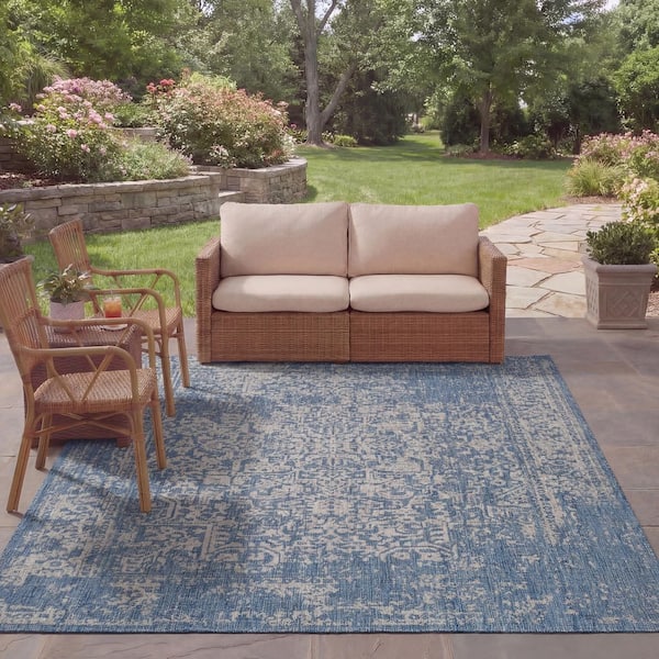 Courtyard 8 ft. x 10 ft. Navy/Gray Abstract Distressed Traditional Indoor/Outdoor Area Rug