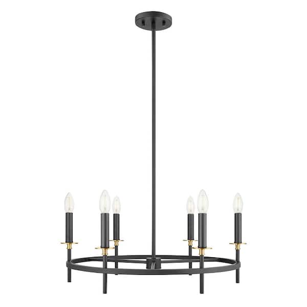 TUXEDO PARK LIGHTING 25 in. W x 9 in. H 6-Light Matte Black and Natural Brass Transitional Chandelier