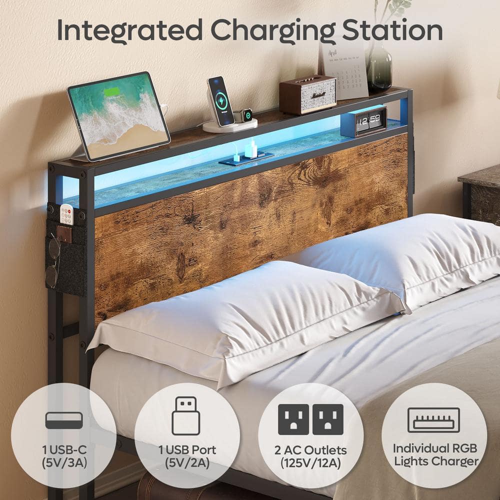 Bestier Queen Size LED Bed Frame with Headboard and Storage Rustic Brown