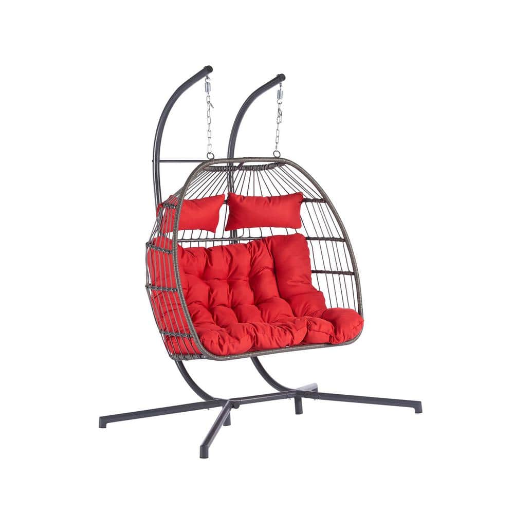 2 Person 720 lbs. Outdoor Rattan Hanging Metal Patio Chair Wicker Egg Chair with with Black Stand and Red Cushions