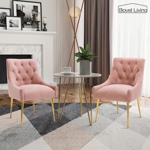 Pink Tufted Velvet Upholstered Golden Legs Dining Chair with Pulling Handle and Adjustable Foot Nails(Set of 2)