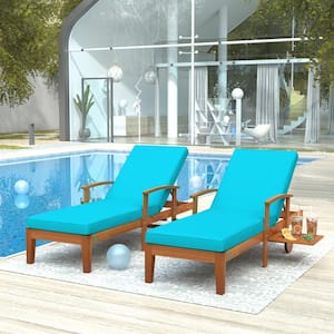 Brown Wood 2-Piece Wood Patio Outdoor Chaise Lounge with Blue Cushions