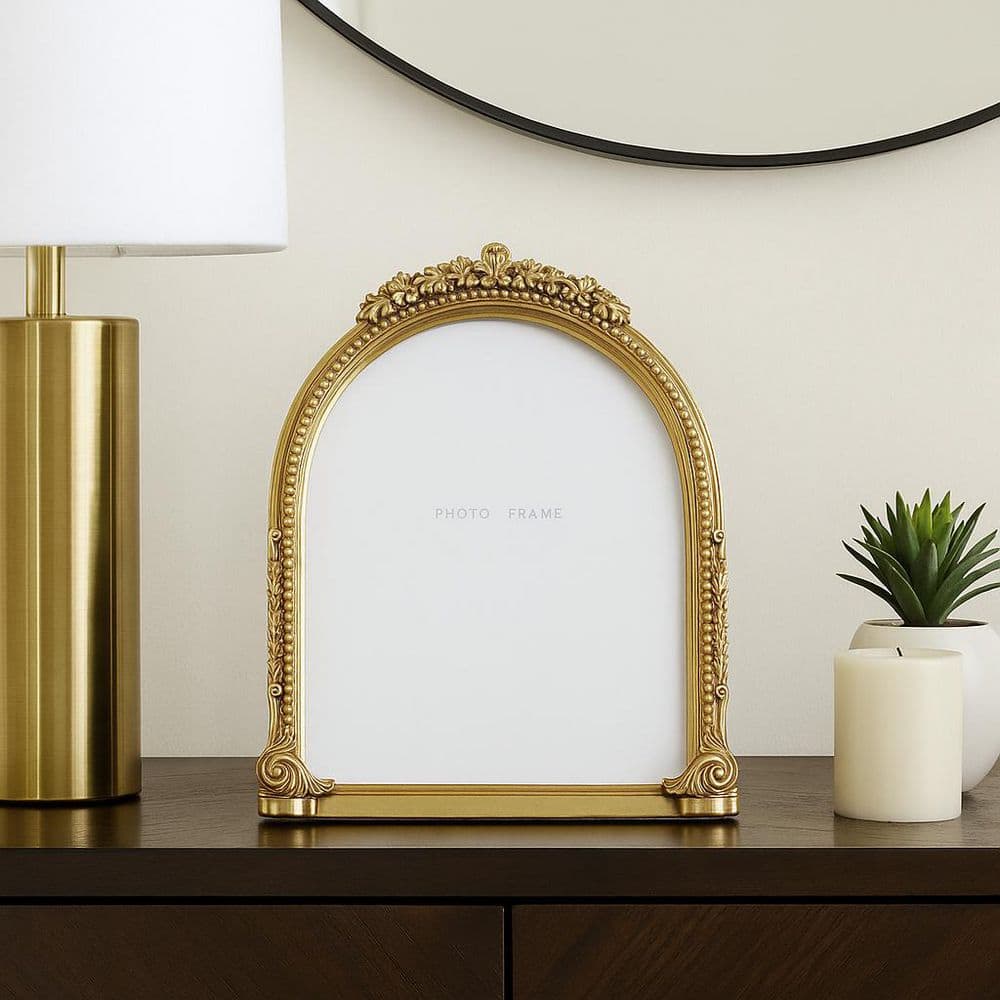 Liv & Skye 8 in. x 10 in. Gold Resin Glass Ornate Arch Photo Frame ...