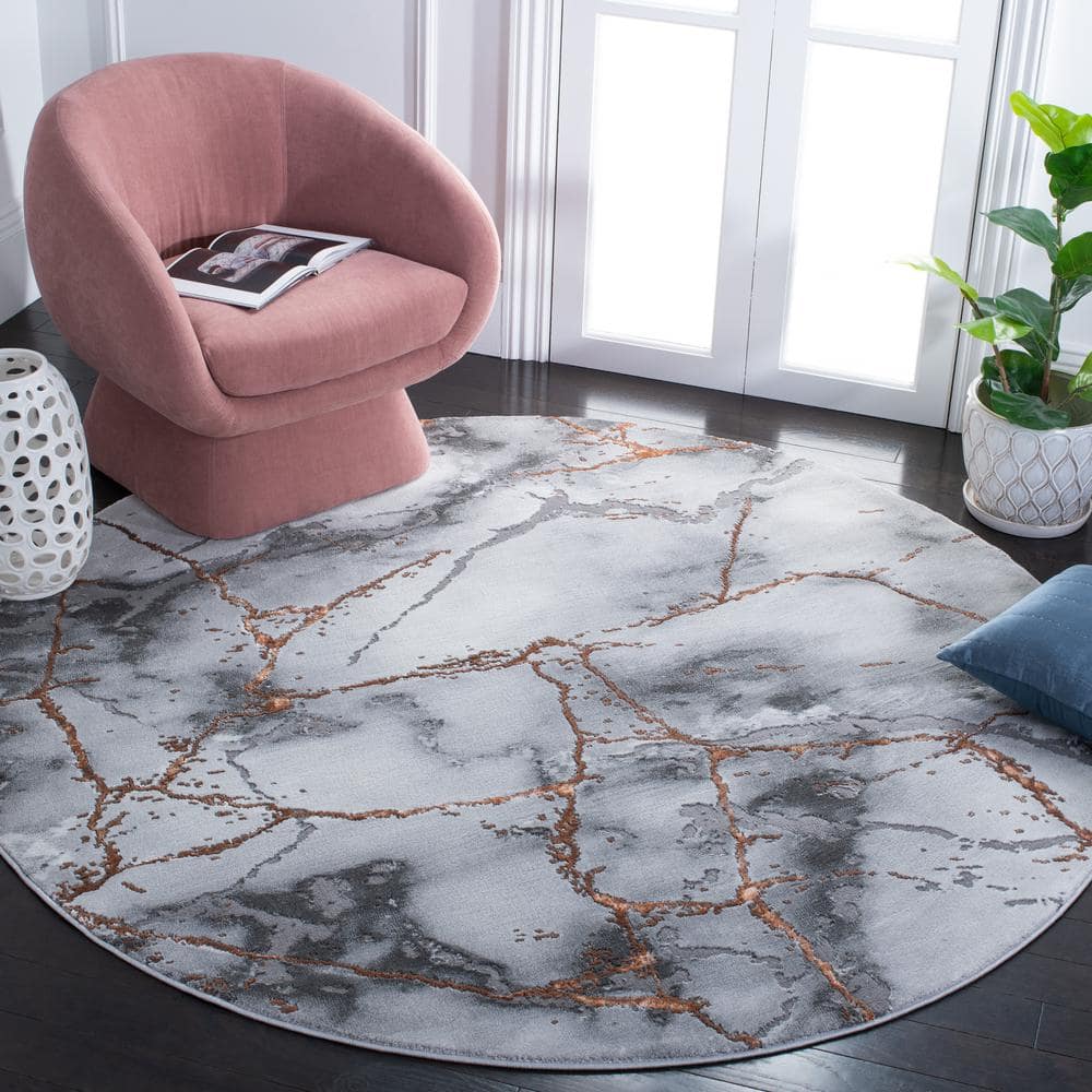 Gray and Orange Round Stain-Resistant Synthetic Rug, 10' x 10'