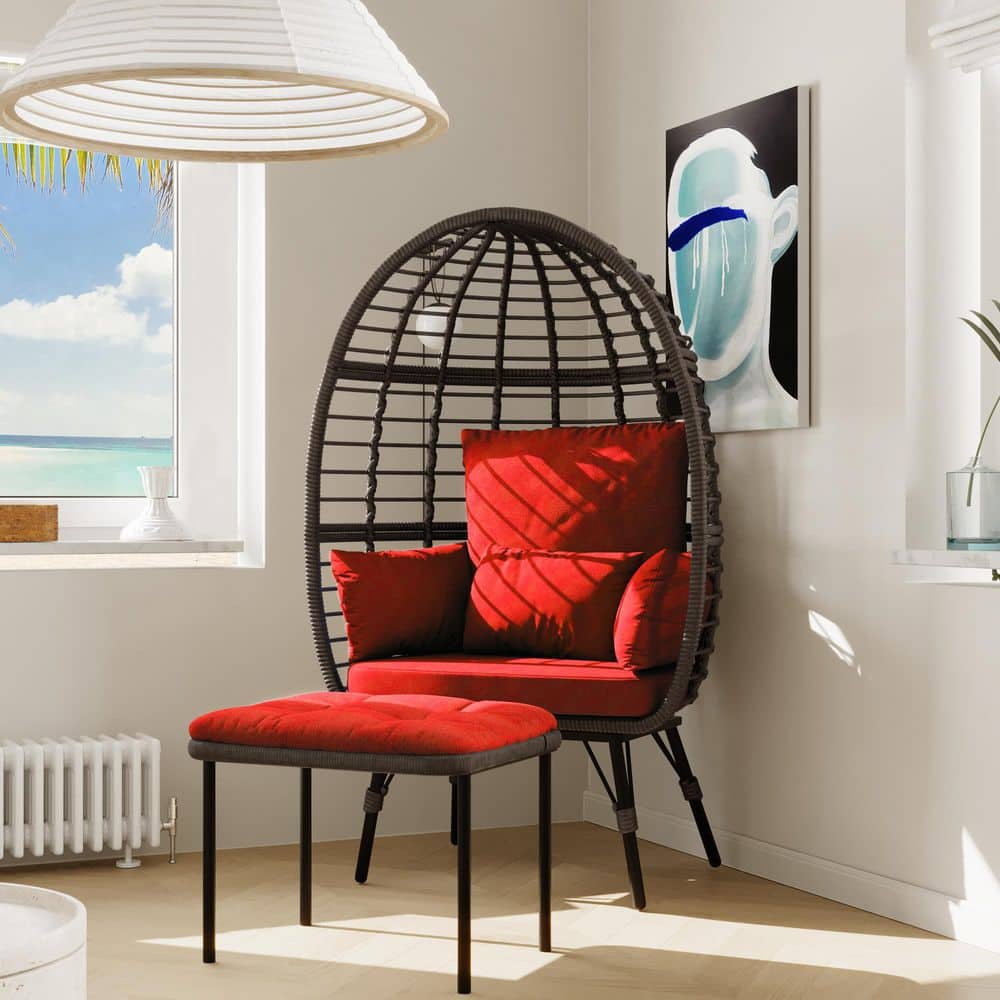 Oversized Wicker Indoor Outdoor Lounge Egg Chair with Red Cushion and Ottoman for Patio Porch Balcony price history on PriceWatchPro